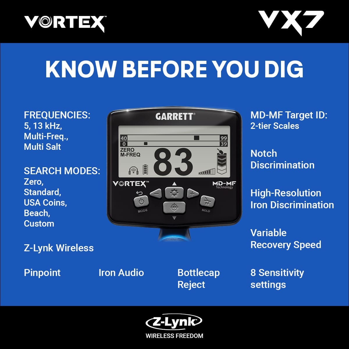 Antalya Garrett Vortex VX7 Dedektör - VX7 hedef ID ekranı, iki katmanlı MD-MF okuma ile demir ve iletken hedefleri ayırmaya yardım eder.